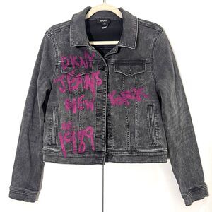 DKNY Denim Jacket Womens M Washed Black Painted Graffiti Y2K‎